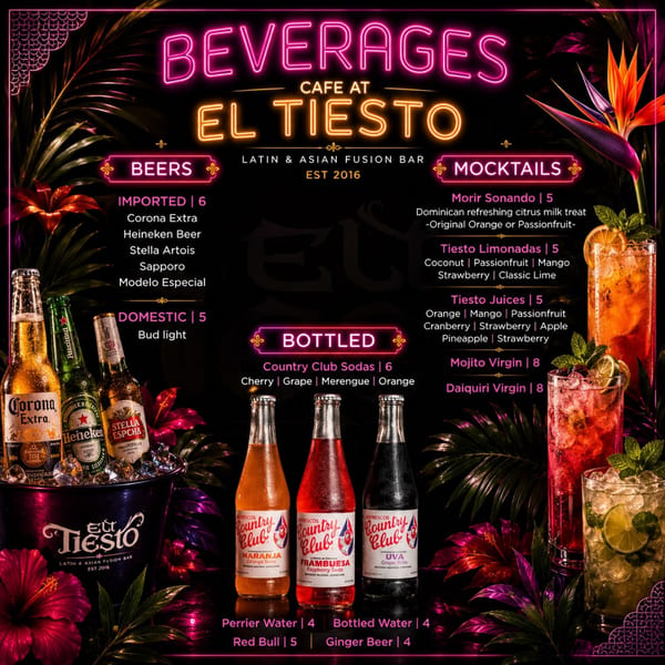 El Tiesto's neon-lit beverage menu displays beers, mocktails, and sodas amidst tropical foliage.