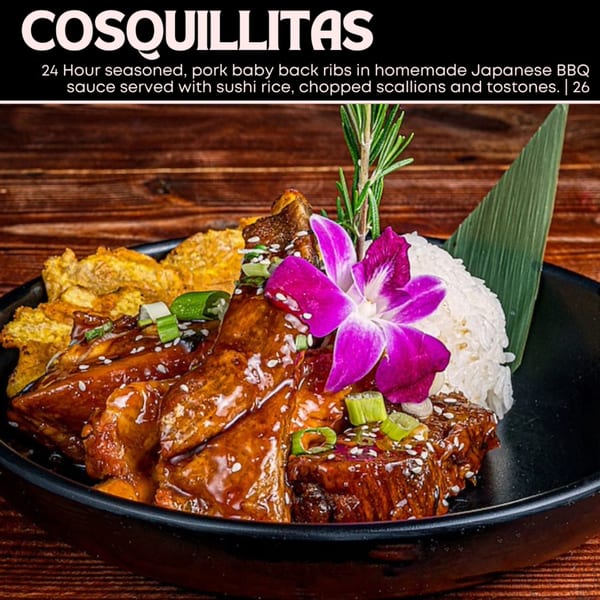 Cosquillitas: pork baby back ribs with Japanese BBQ sauce, sushi rice, scallions, tostones, and a purple orchid.