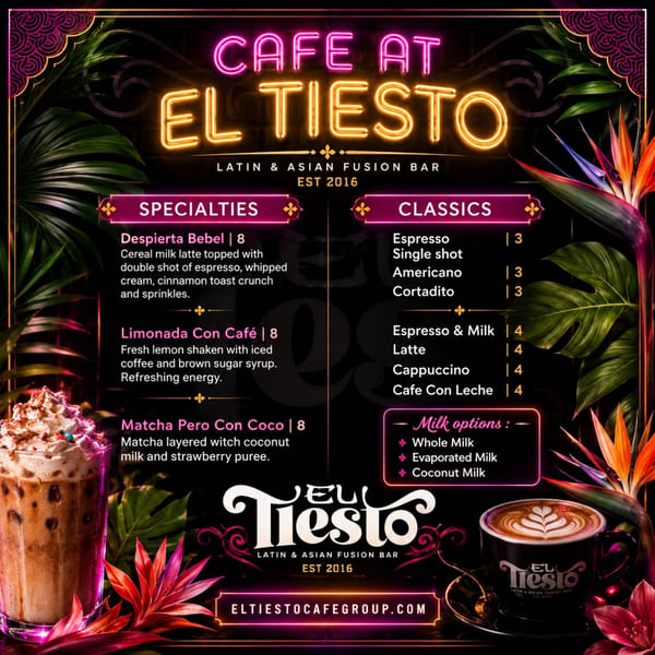 El Tiesto cafe menu with neon signs, tropical plants, iced latte, and hot latte art.