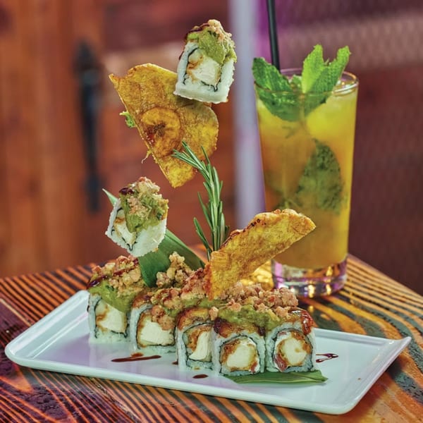 El Tiesto Cafe's Latin-American sushi rolls with plantain chips and a mojito cocktail.