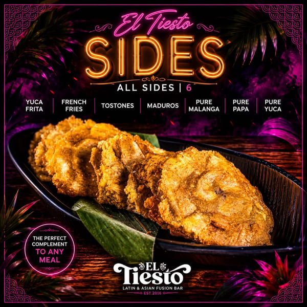 Plate of golden-brown tostones on a dark dish, with a neon 'El Tiesto Sides' menu.