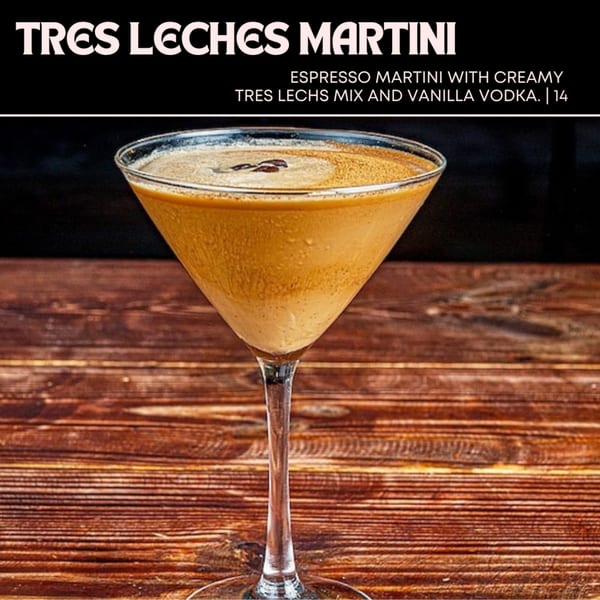 A Tres Leches Martini, an espresso martini with creamy tres leches mix and vanilla vodka, on a wooden table.