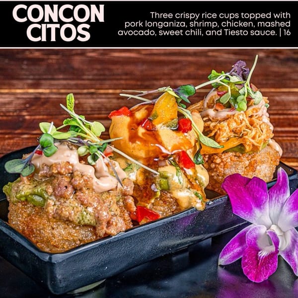 Three crispy rice cups with pork longaniza, shrimp, chicken, avocado, sweet chili, and Tiesto sauce.