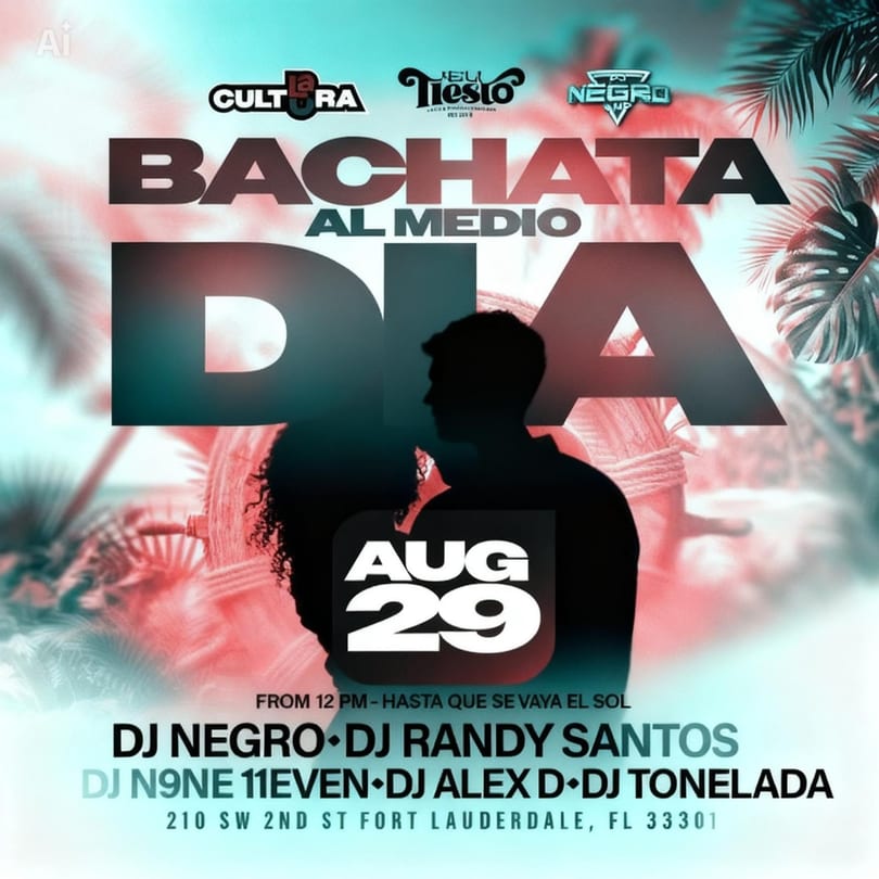 Promotional flyer for a "Bachata Al Medio Dia" event on August 29, featuring DJs and tropical imagery.