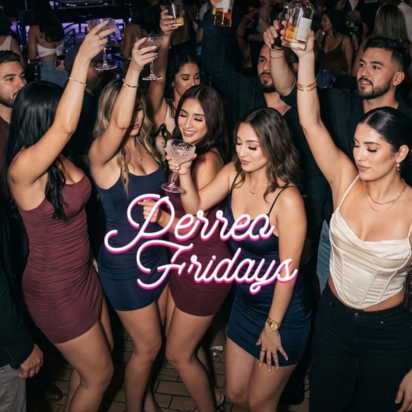 Crowded nightclub celebration with people raising cocktails beneath neon “Perreo Fridays” lettering.