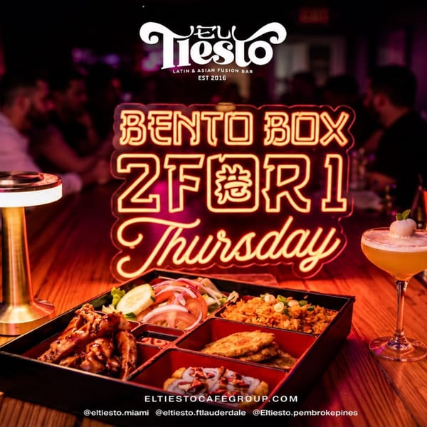 El Tiesto Latin and Asian fusion bar promotional display featuring Bento Box ZFOR1 Thursday, assorted dishes, cocktails, and a lively dining atmosphere.