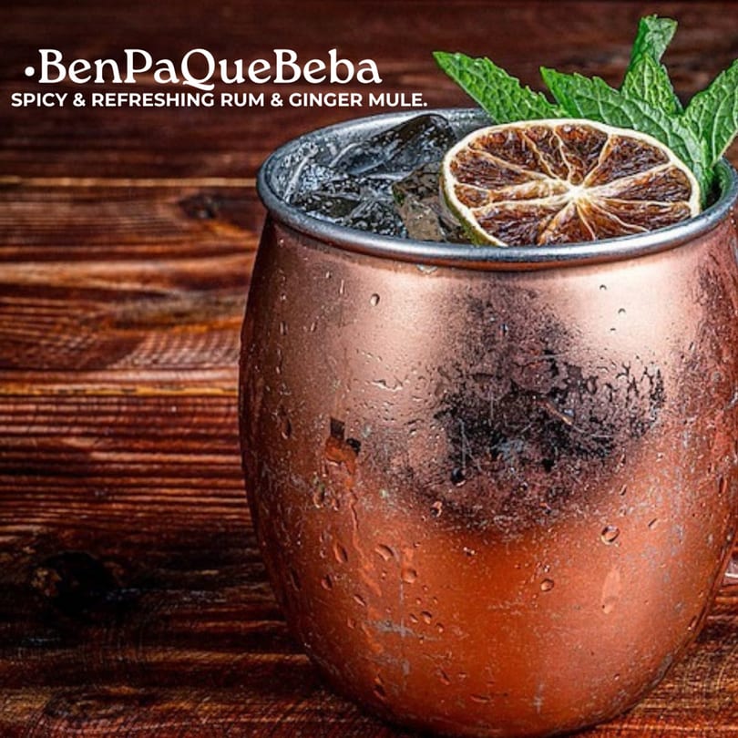 BenPaQueBeba's spicy rum and ginger mule in a copper mug with lime and mint.