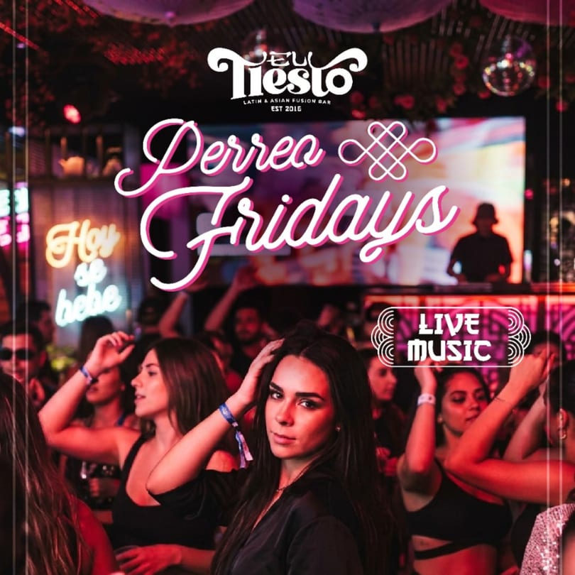 People dancing at El Tiesto Latin & Asian Fusion Bar with "Perreo Fridays" and "Live Music" overlays.