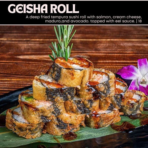 Deep-fried tempura sushi rolls with salmon, cream cheese, maduro, and avocado, topped with eel sauce.