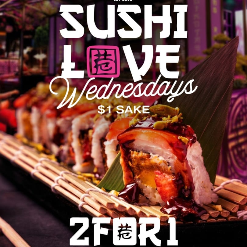 Sushi rolls with sauce and toppings on a bamboo mat, with promotional text overlay.
