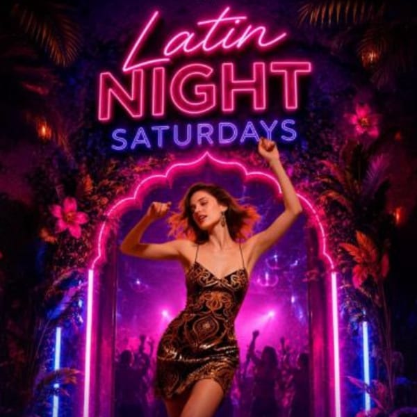 Woman dancing in a vibrant neon-lit nightclub beneath text reading “Latin Night Saturdays.”
