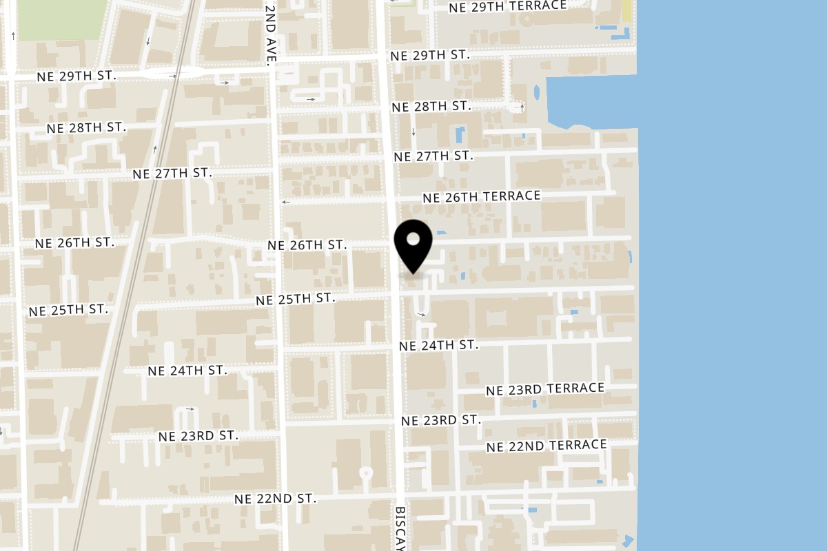 Map showing the location of El Tiesto Cafe Miami on 2501 Biscayne Blvd in Miami